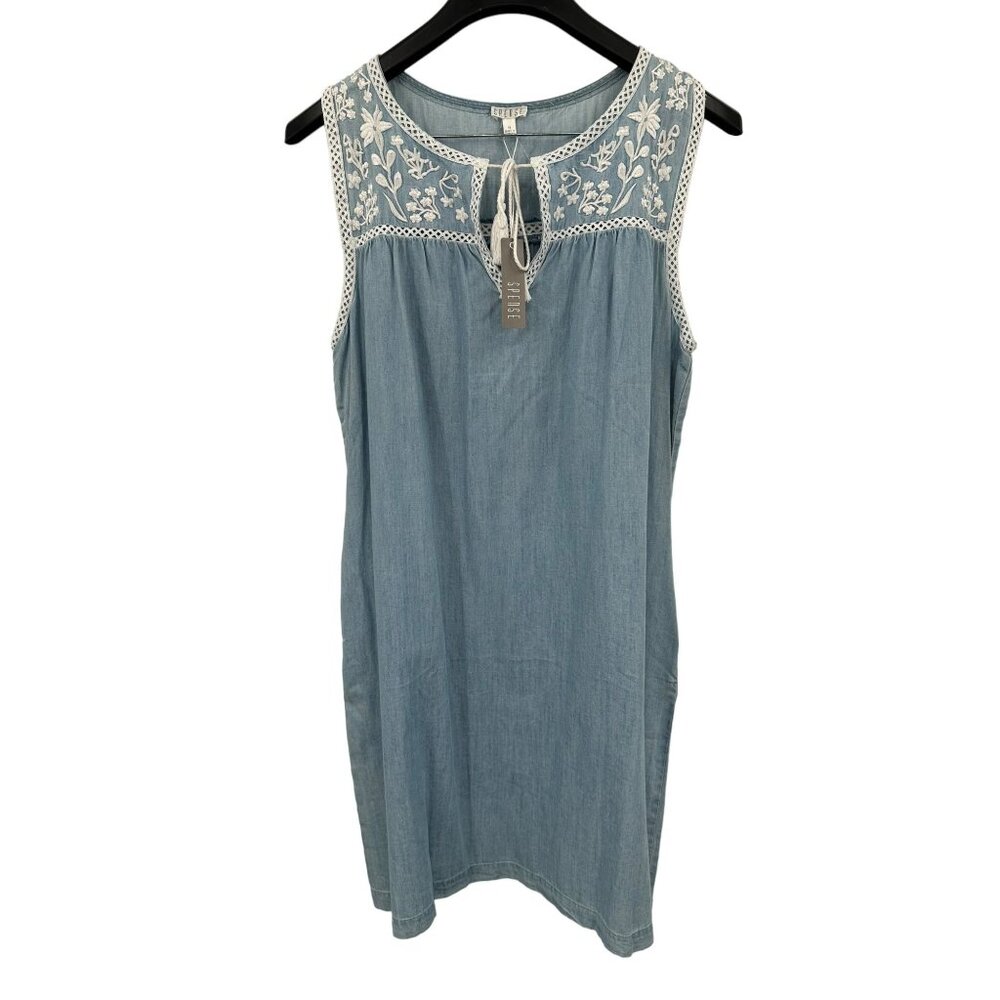 Spense Embroidered Chambray Sleeveless Jean Pockets Tassel Dress Short Large